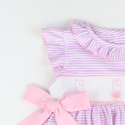 Smocked Cottontail Bunnies Dress - Lavender Stripe Knit