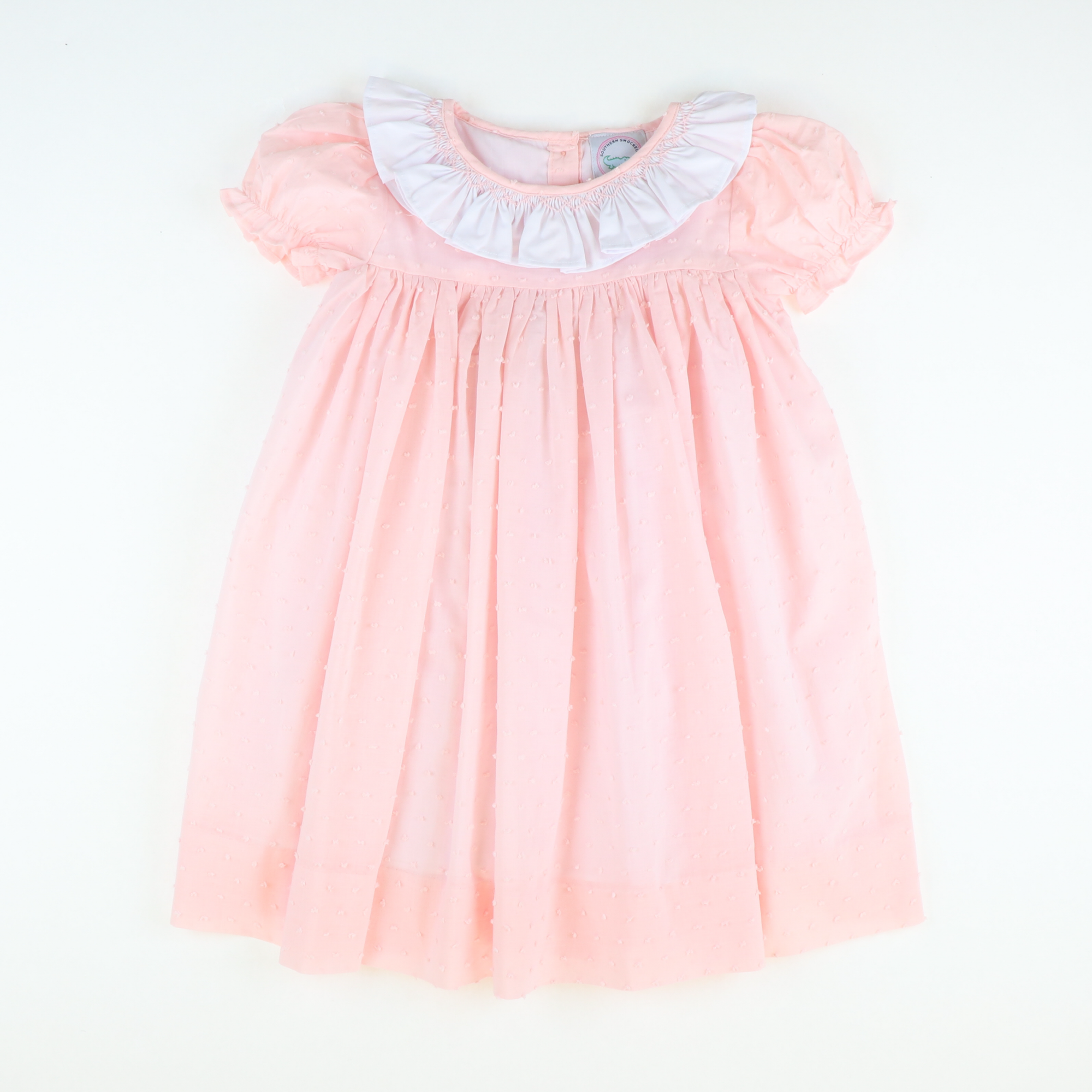 Smocked Geo Ruffle Neck Dress - Pink Swiss Dot