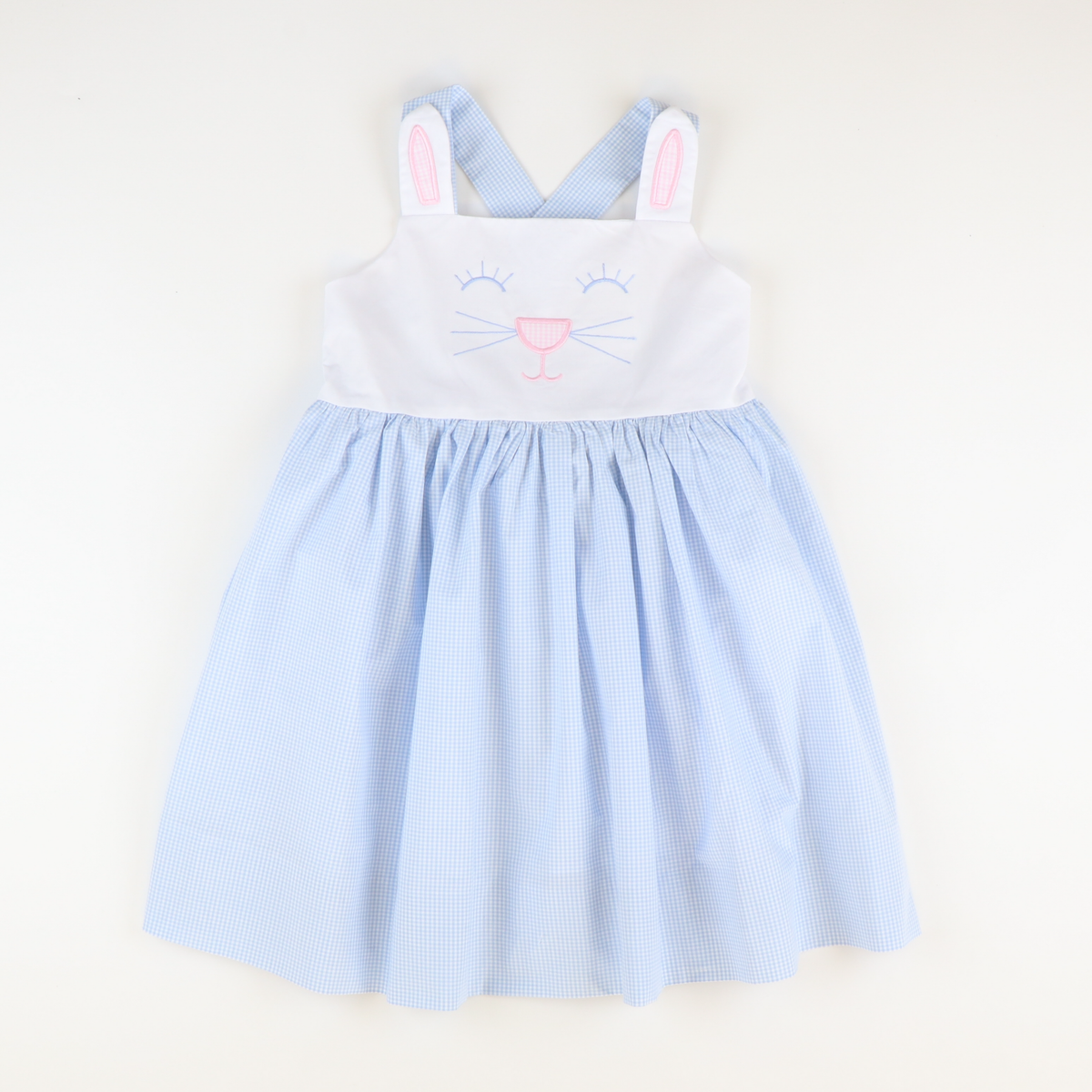 Embroidered Bunny Face Dress - Light Blue Mini Gingham