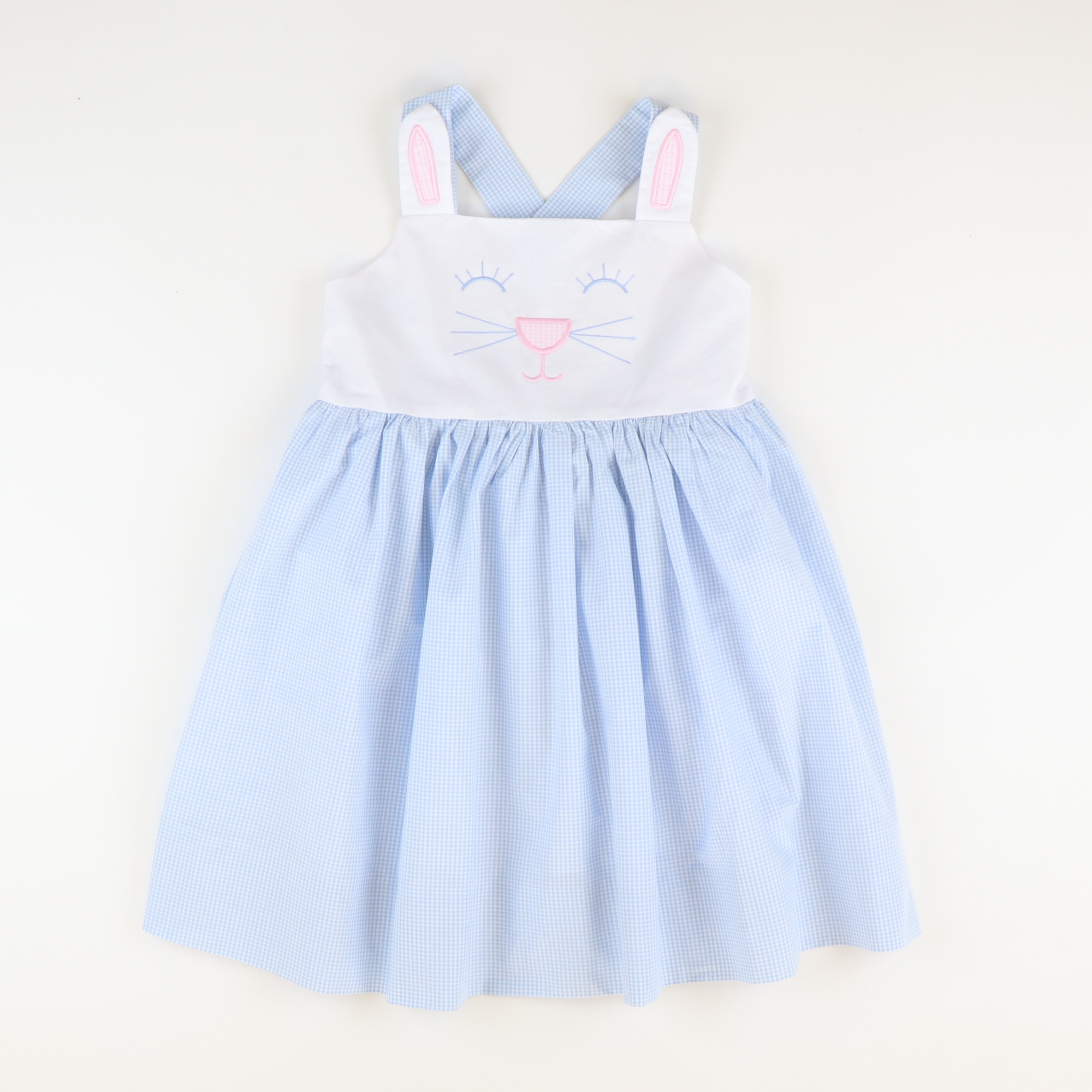 Embroidered Bunny Face Dress - Light Blue Mini Gingham