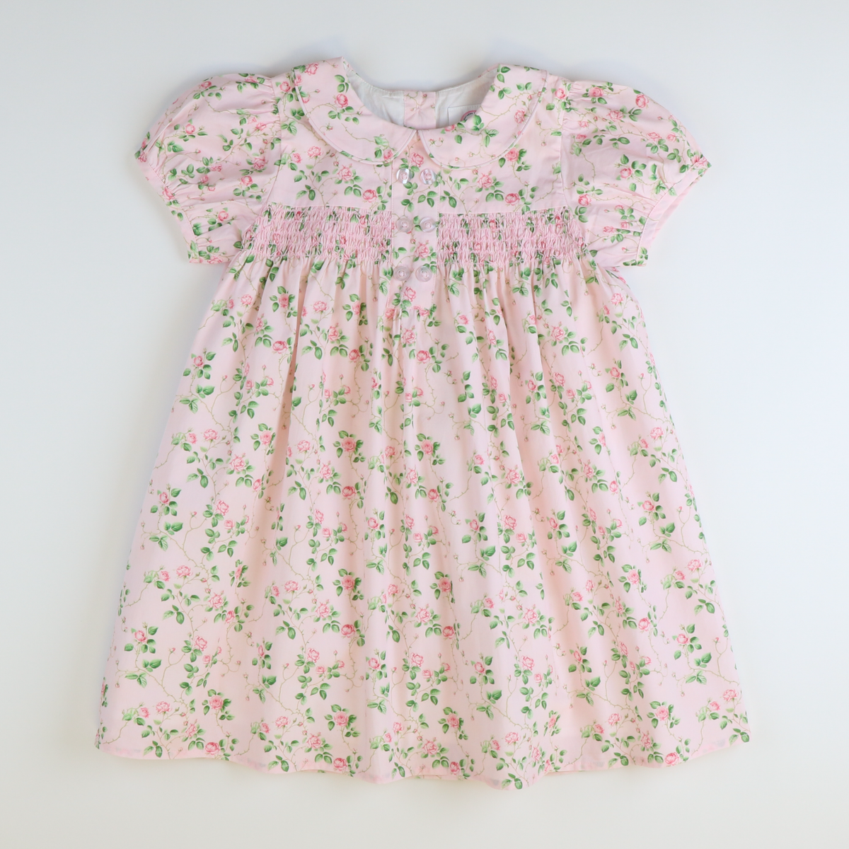 Collared Smocked Dress - Pink Rose Garden