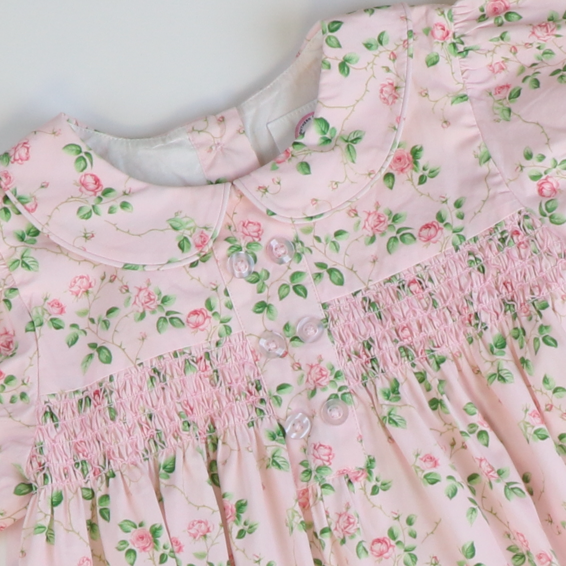 Collared Smocked Dress - Pink Rose Garden