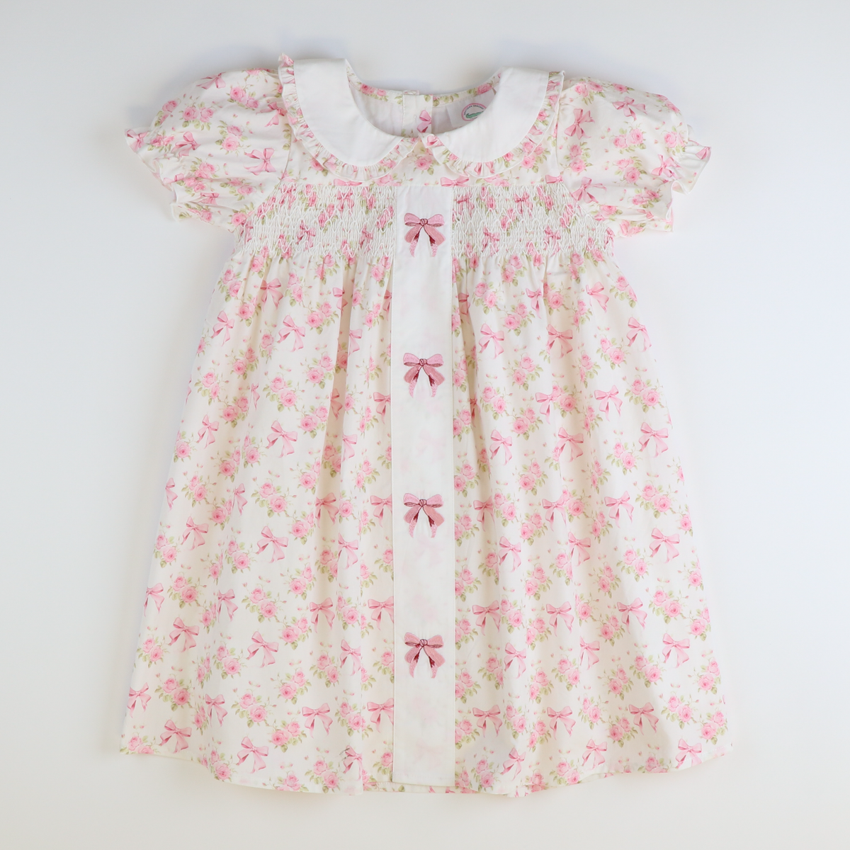 Embroidered Bows Dress - Pink Roses & Bows