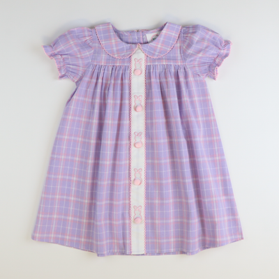 Embroidered Bunnies Collared Dress - Pink & Purple Plaid