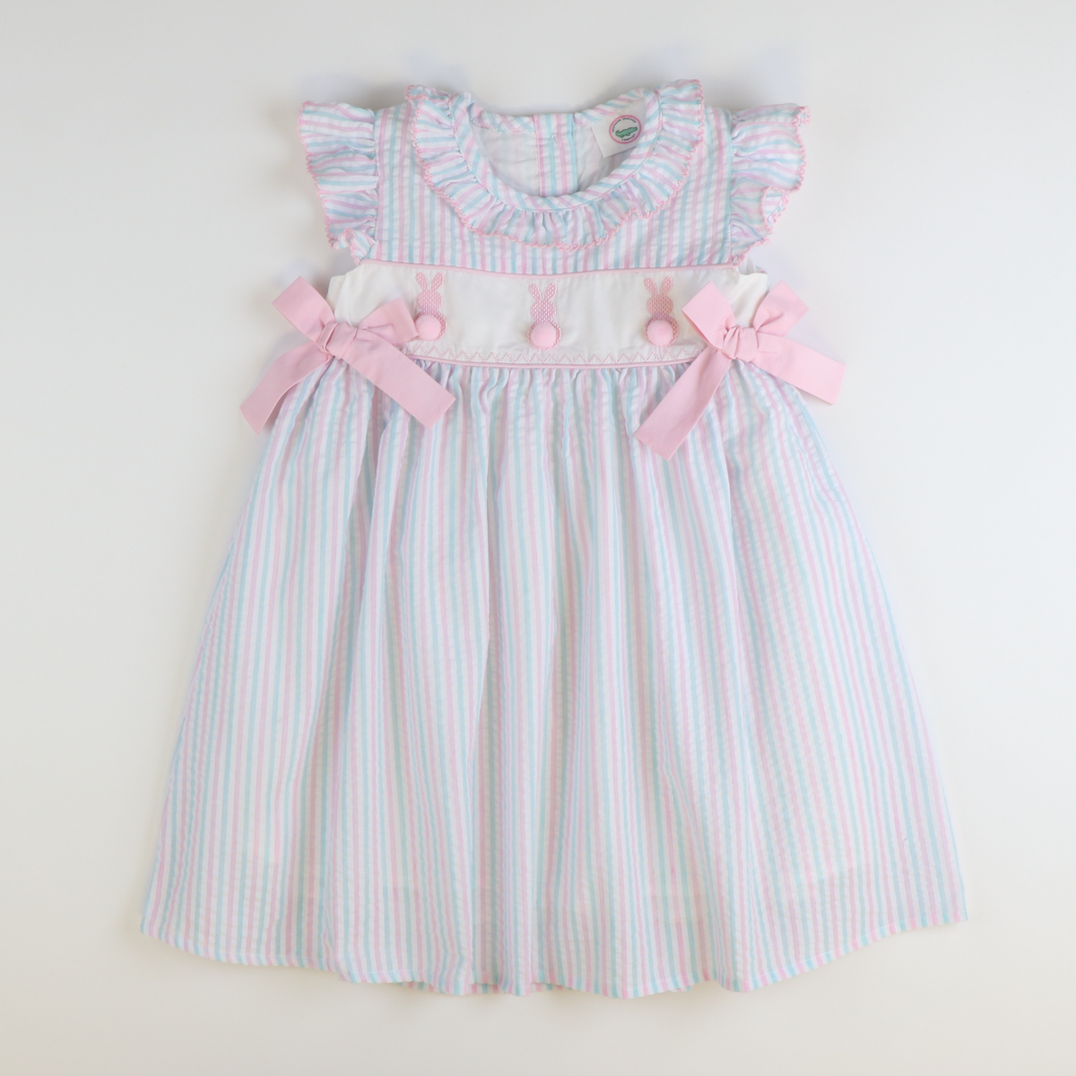 Embroidered Cottontail Bunnies Dress - Pink & Aqua Stripe Seersucker