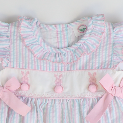 Embroidered Cottontail Bunnies Girl Bubble - Pink & Aqua Stripe Seersucker