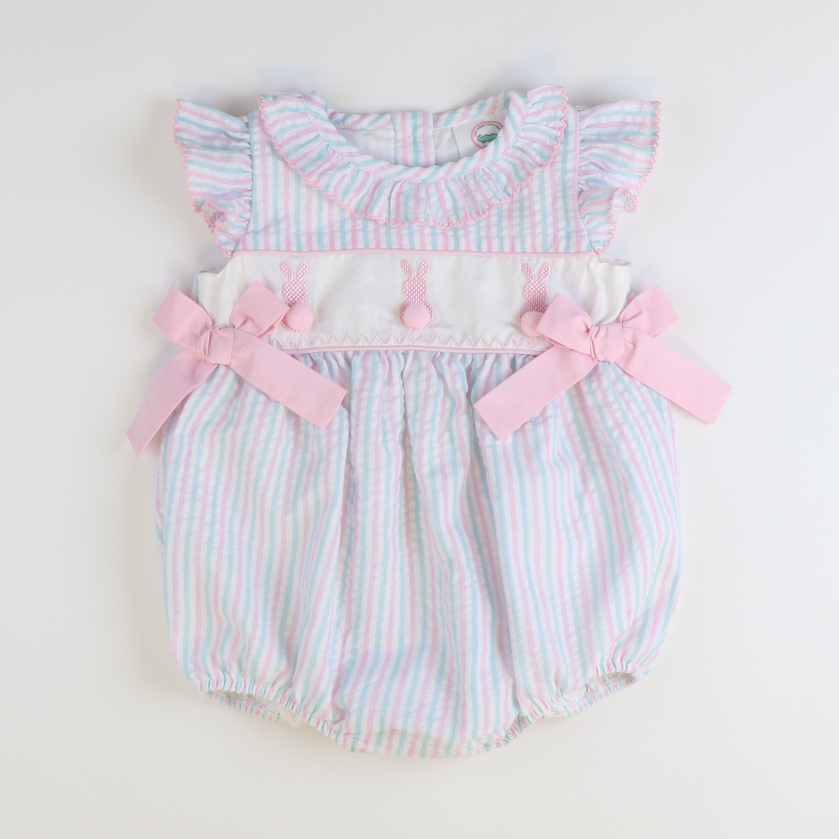 Embroidered Cottontail Bunnies Girl Bubble - Pink & Aqua Stripe Seersucker