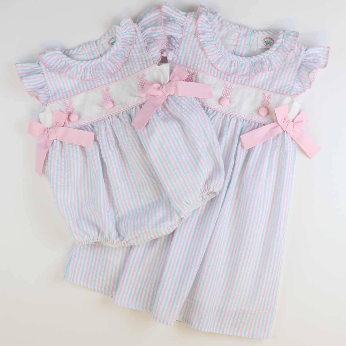 Embroidered Cottontail Bunnies Girl Bubble - Pink & Aqua Stripe Seersucker