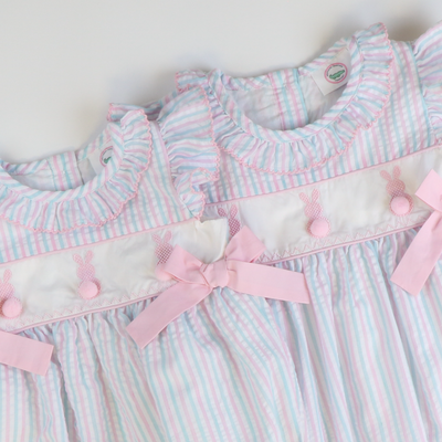 Embroidered Cottontail Bunnies Dress - Pink & Aqua Stripe Seersucker