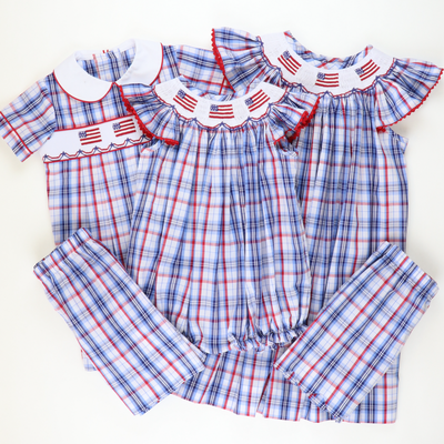 Smocked Flags Collared Boy Romper - Liberty Plaid - Stellybelly