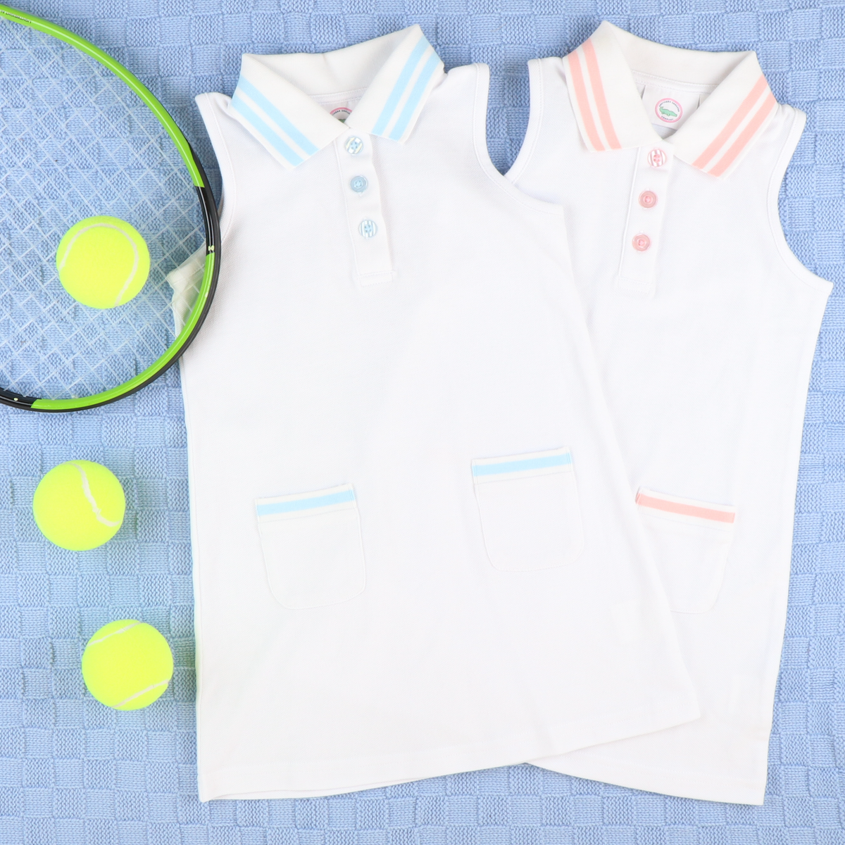 Courtside Tennis Dress - White & Light Blue